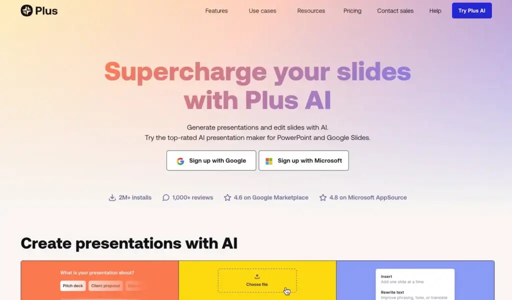 Plus AI homepage showing AI presentation maker for PowerPoint and Google Slides with slide generation and editing tools