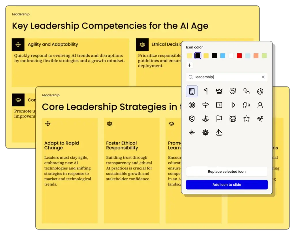 Plus AI presentation maker showing icon search and icon customization tools inside a slide editor