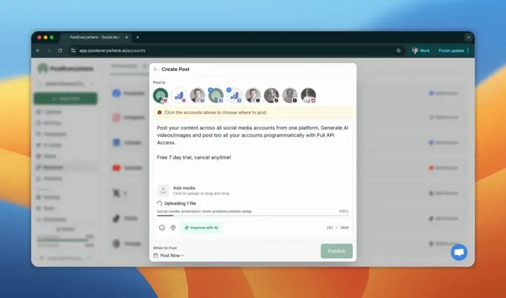 PostEverywhere dashboard showing AI-assisted cross-platform social media post creation and publishing
