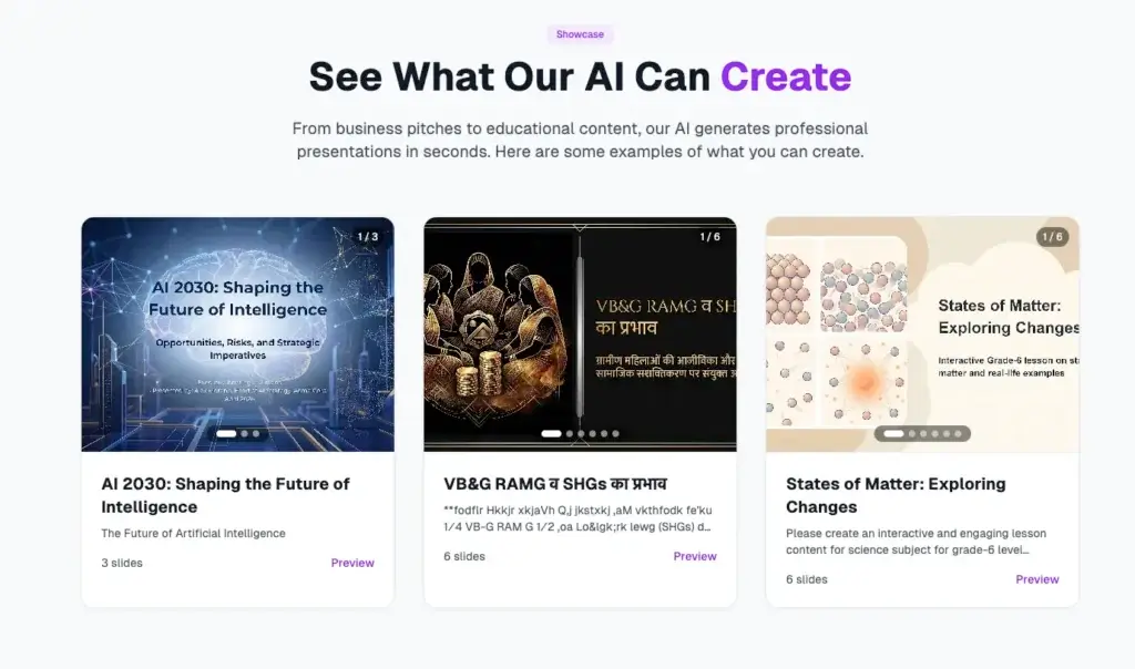 Presentia AI template gallery showing AI-generated presentation examples for business, education, and multilingual slides