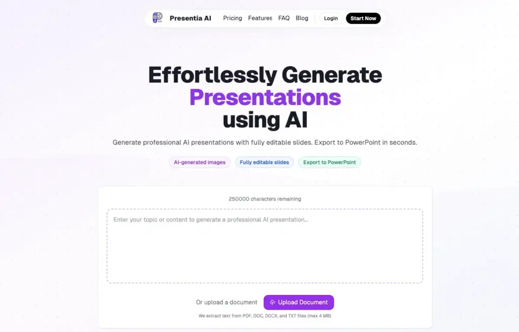Presentia AI homepage showing AI presentation generator with editable slides and PowerPoint export features