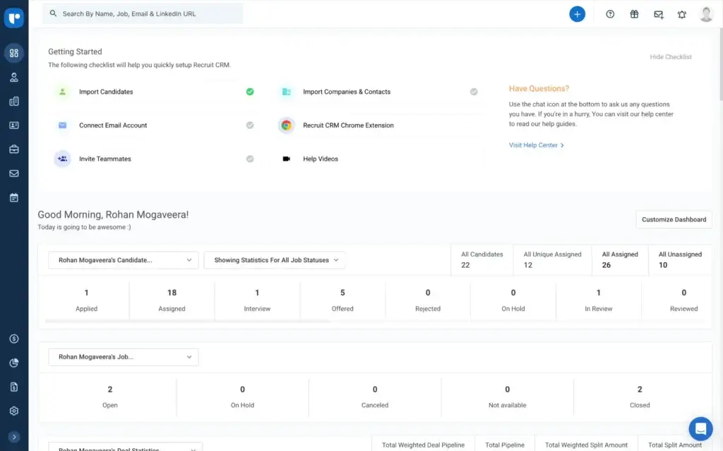 Recruit CRM dashboard showing candidate statistics, job pipeline, and onboarding checklist