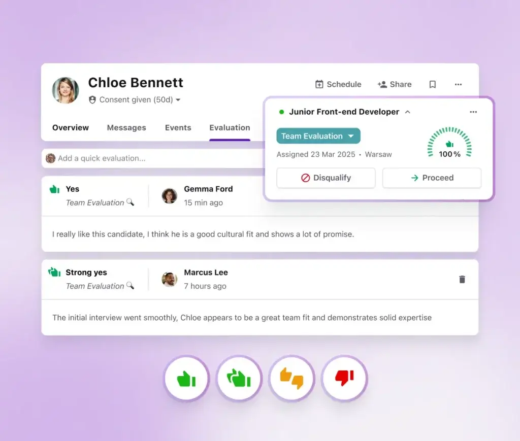 Recruitee candidate evaluation screen with team feedback and hiring decision options