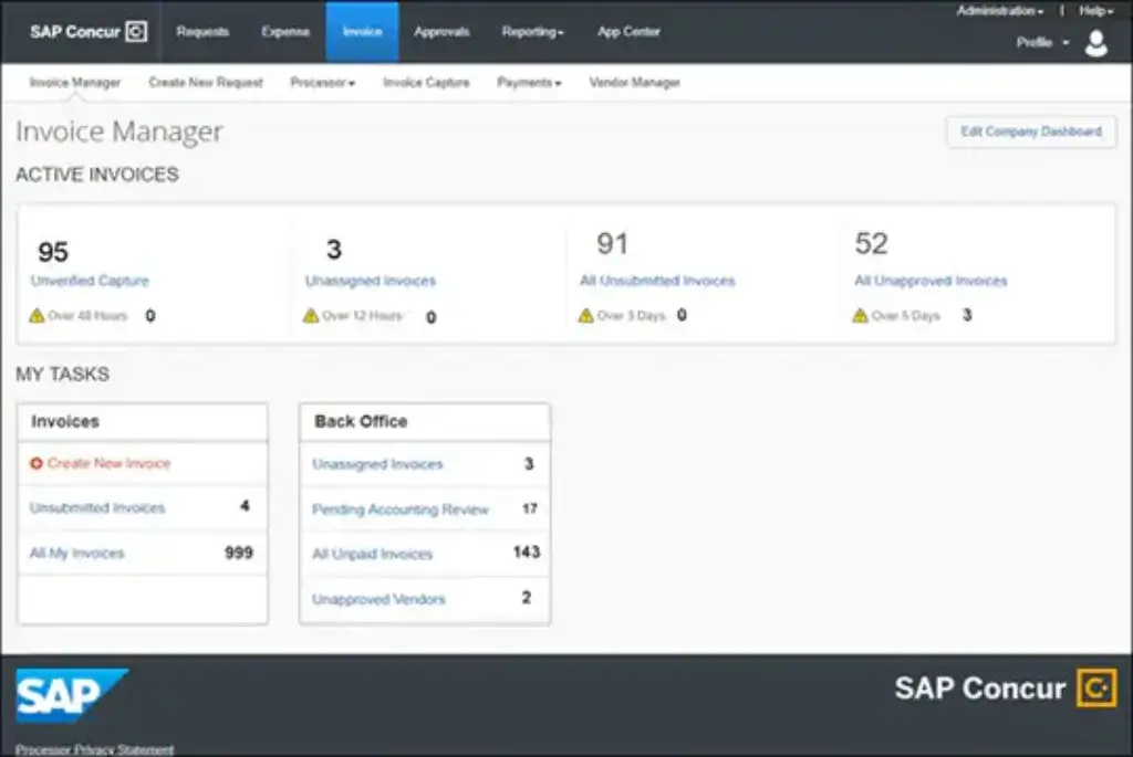 SAP Concur Invoice Manager dashboard with active invoice tasks