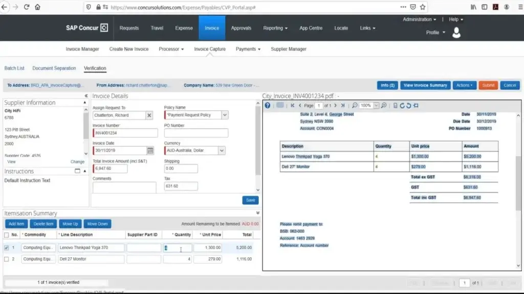 SAP Concur Invoice capture screen with OCR invoice verification