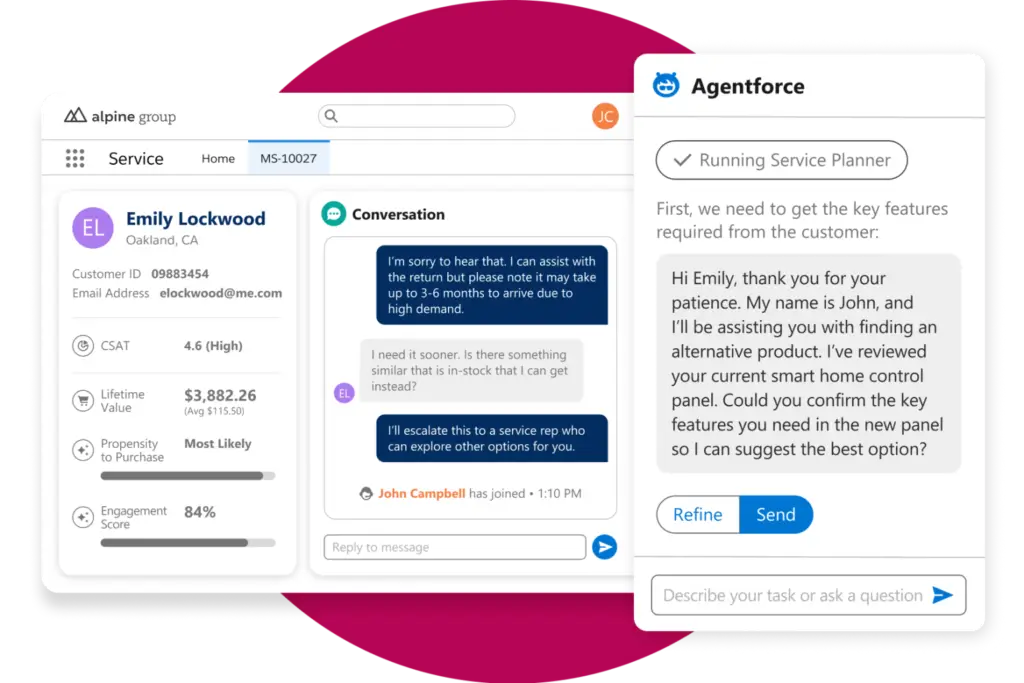 Salesforce Service Cloud interface with customer profile, conversation panel, and Agentforce AI assistant