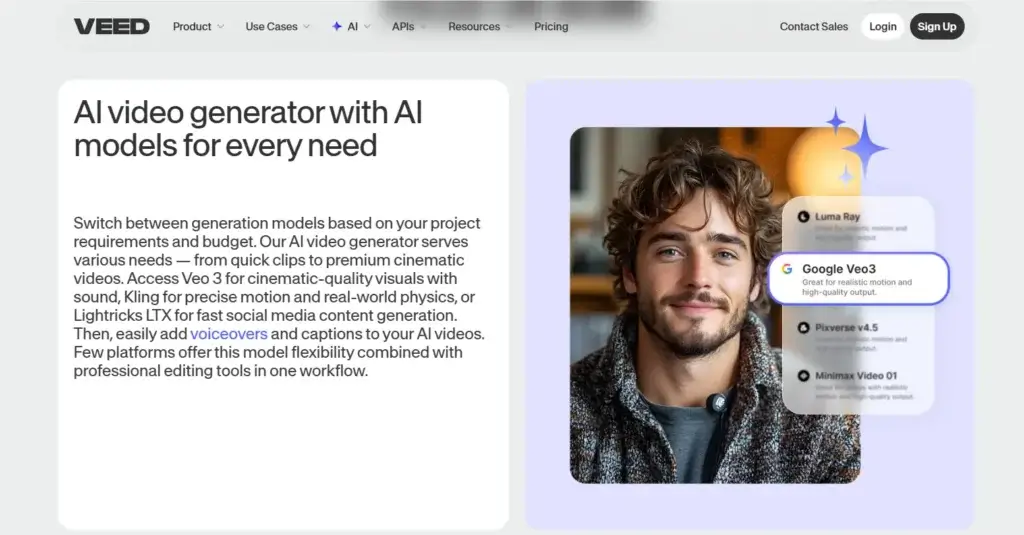 VEED AI video generator showing model selection options for cinematic and social video creation