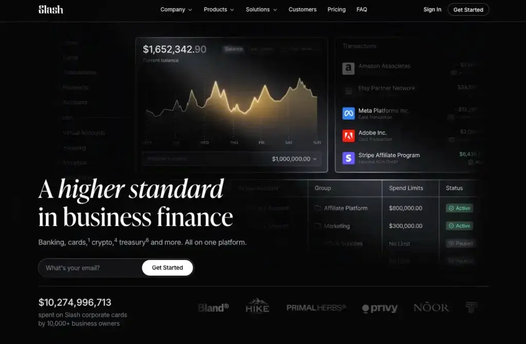 Slash dashboard showing business banking, corporate cards, transactions, and spend limits