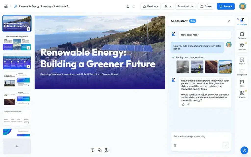 SlideSpeak slide editor showing AI healthcare presentation with editable title, layout tools, and content blocks