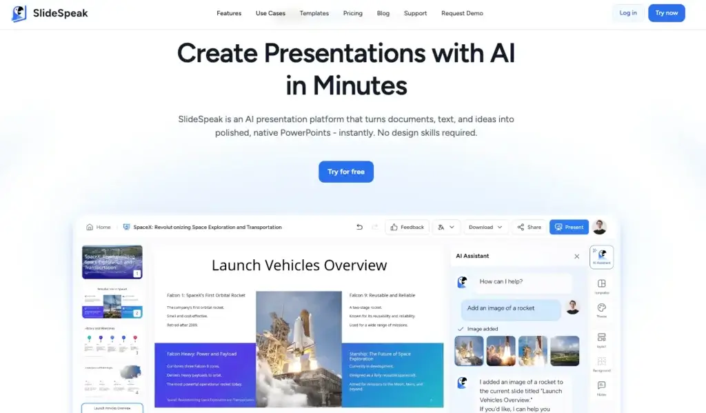 SlideSpeak homepage showing AI presentation platform that converts documents and ideas into editable PowerPoint presentations