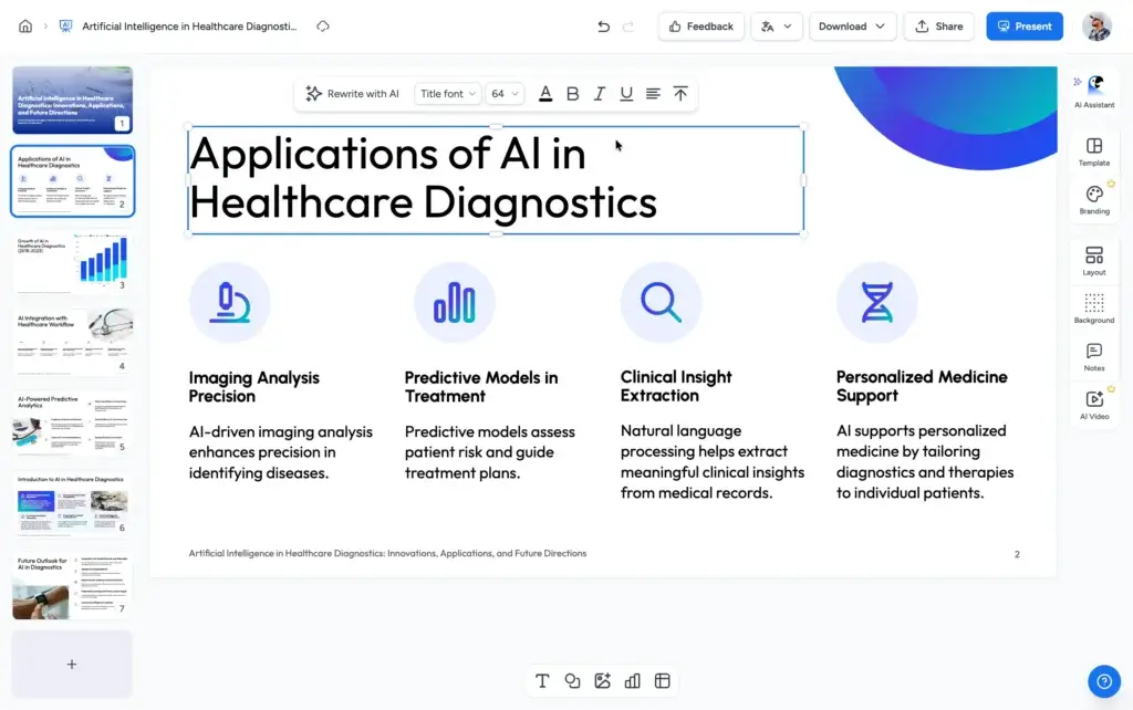 SlideSpeak presentation maker showing AI assistant, slide thumbnails, and renewable energy presentation editing workspace