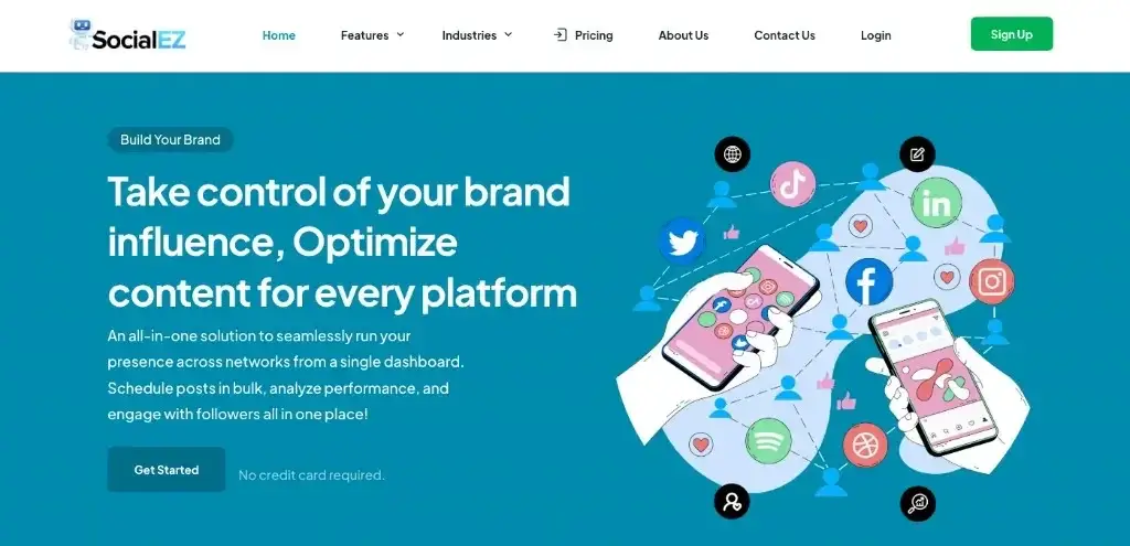 SocialEZ homepage showing social media scheduling and brand management features