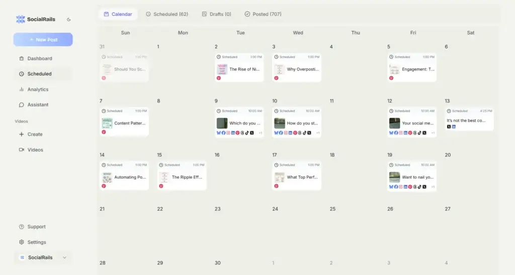 SocialRails calendar showing scheduled social media posts across multiple platforms