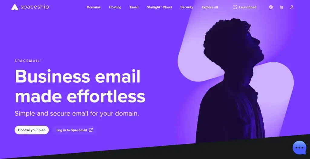 Spacemail homepage promoting business email for custom domains with branding, secure email messaging, and plan selection