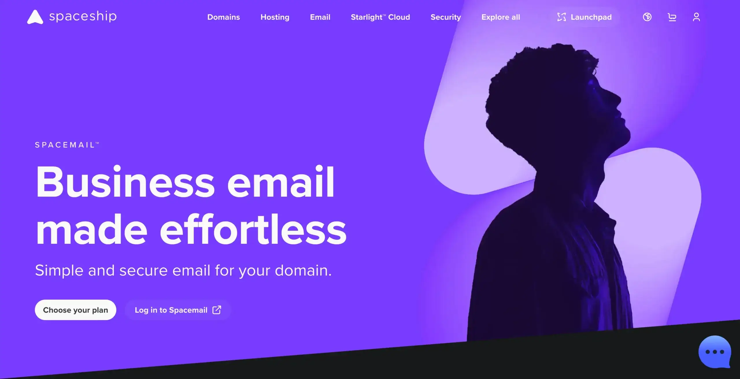 Spacemail homepage promoting business email for custom domains with branding, secure email messaging, and plan selection