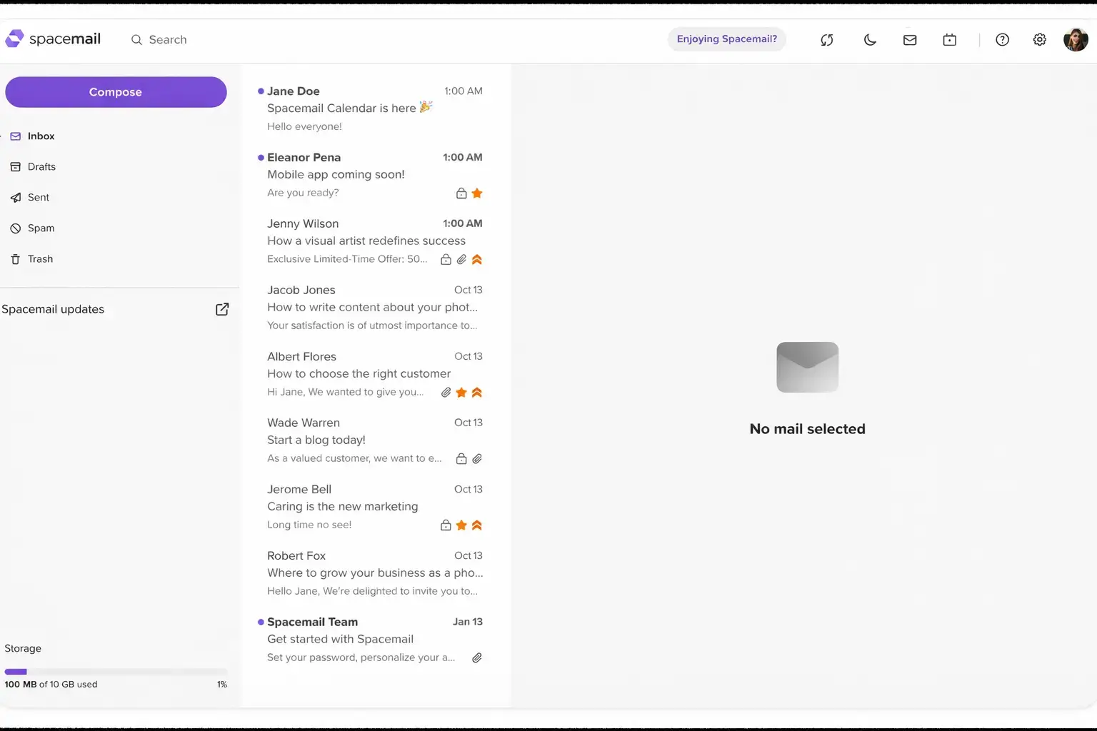 Spacemail business email inbox showing folders, message list, storage usage, and clean custom domain email interface