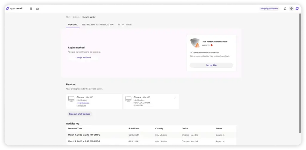 Spacemail security center showing two-factor authentication settings, device sessions, and account activity log