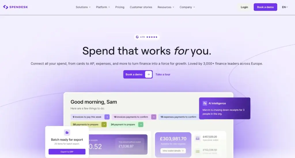 Spendesk homepage showing spend management, payments, expenses, and AI finance features