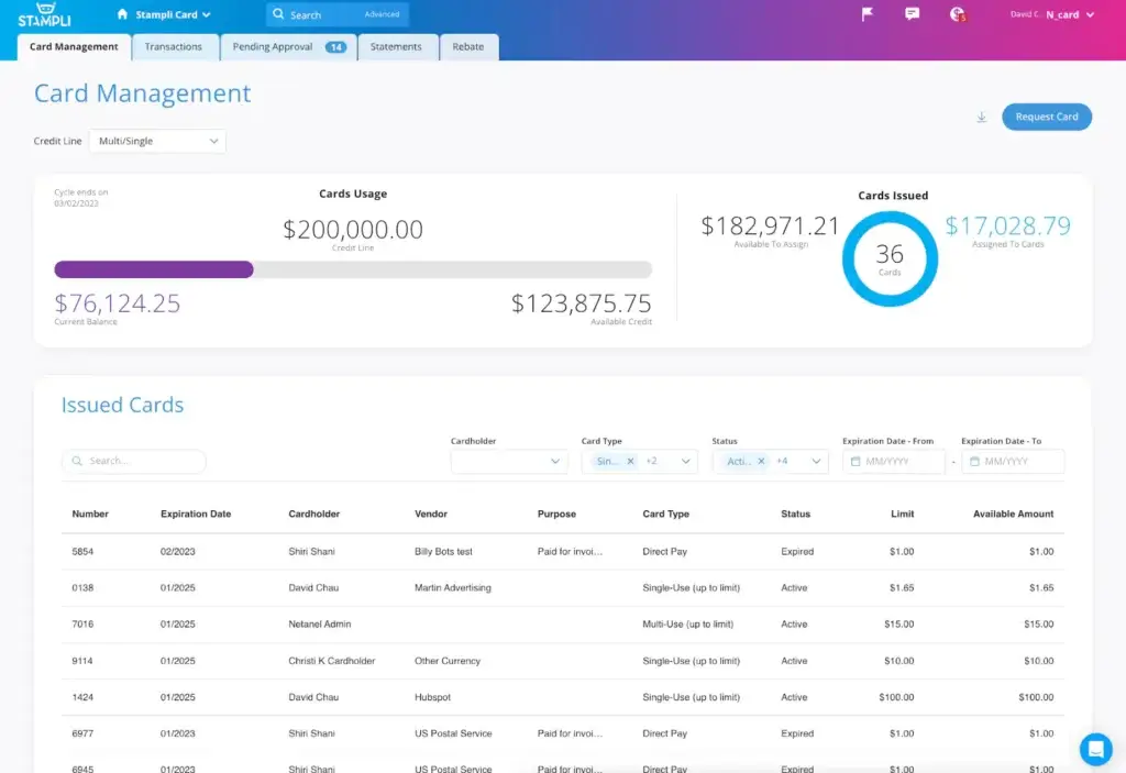 Stampli card management dashboard showing issued cards and credit limits
