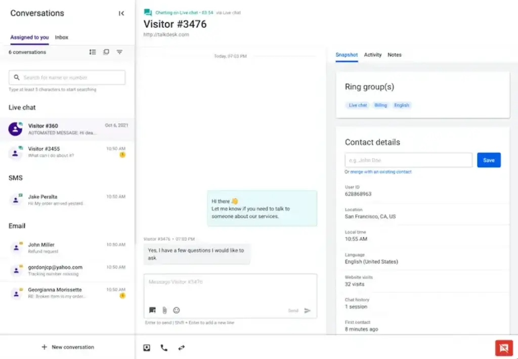 Talkdesk live chat workspace with visitor details and routing information