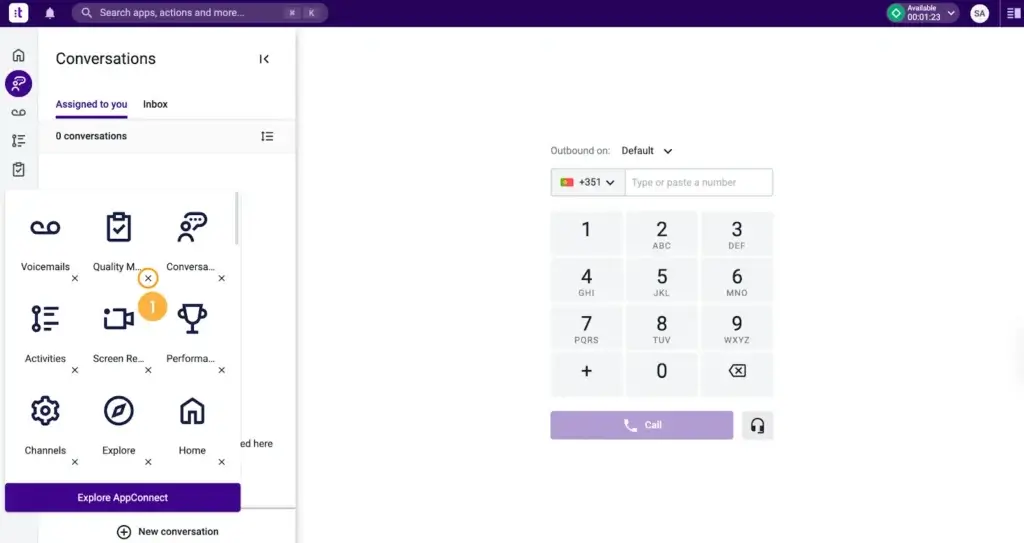 Talkdesk AppConnect interface showing integrations and workspace tools