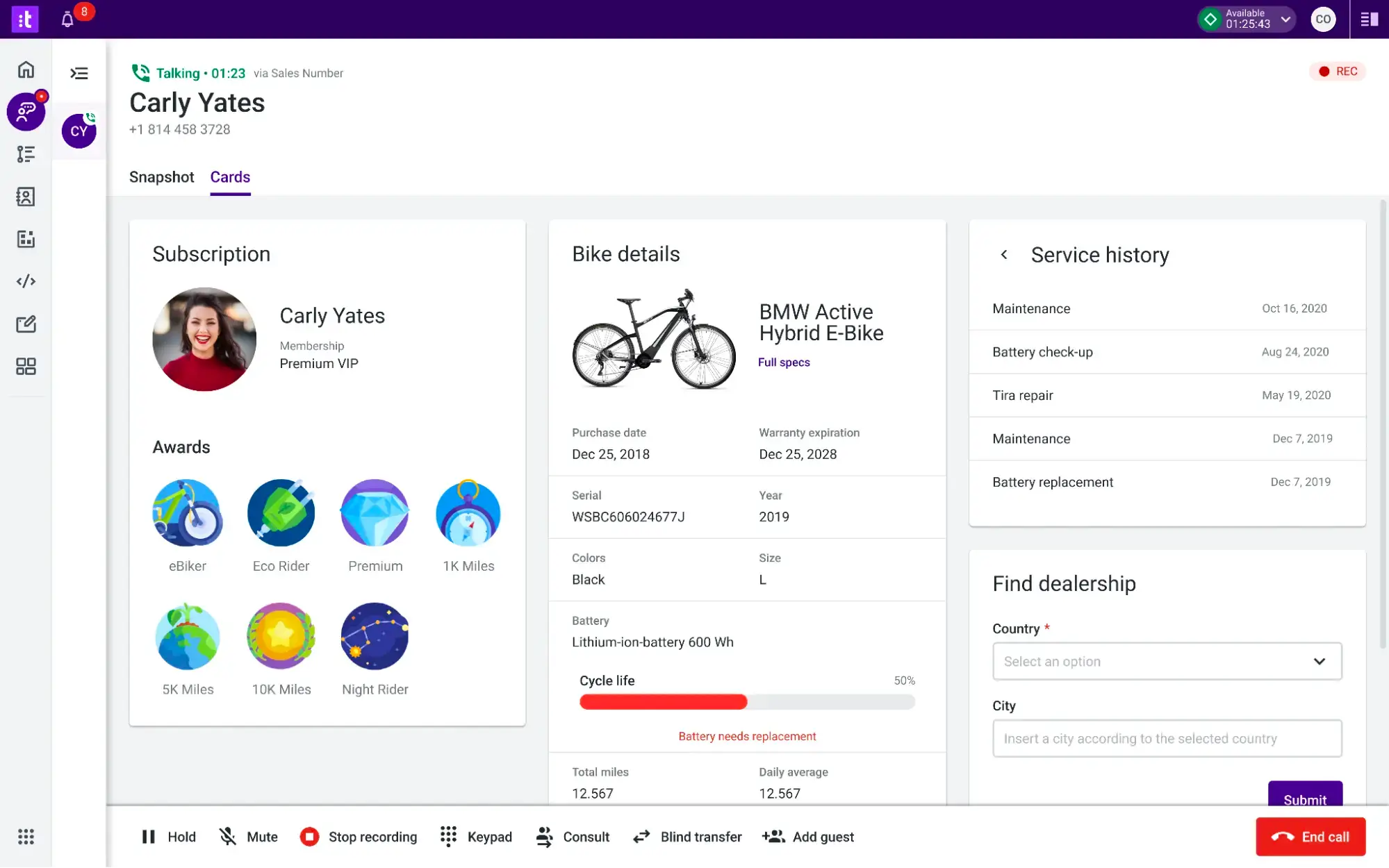 Talkdesk agent workspace during a live customer call with contextual cards