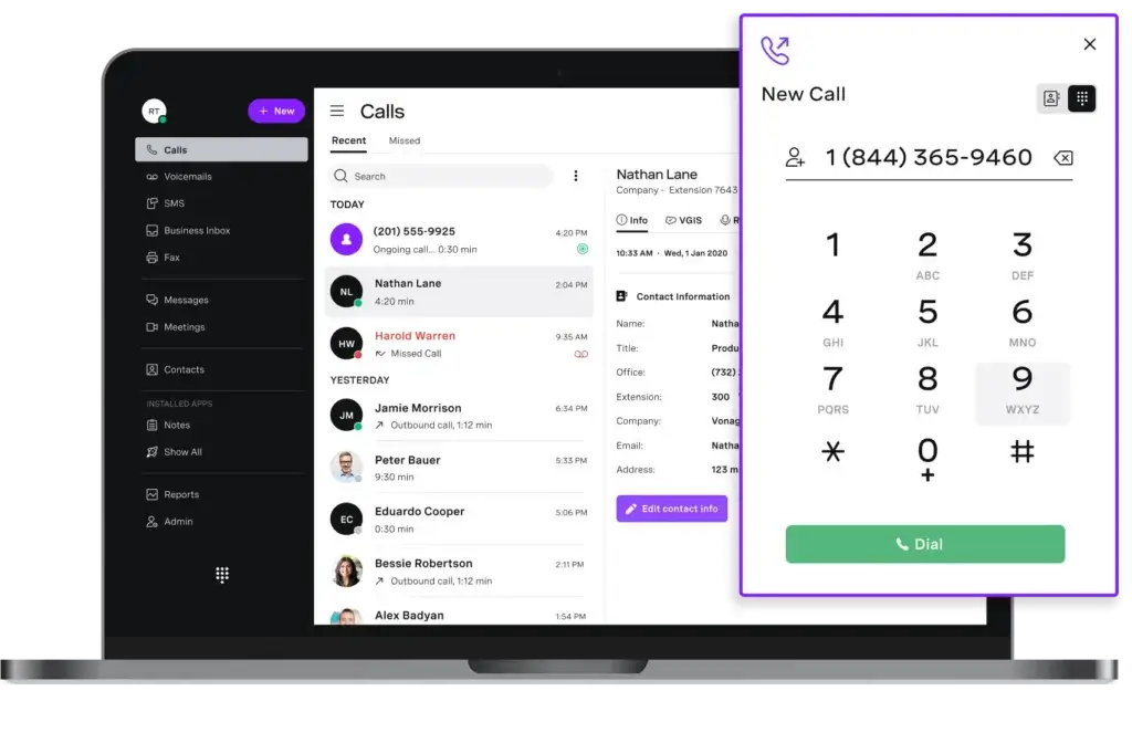 Vonage desktop calling dashboard with dialer and recent calls