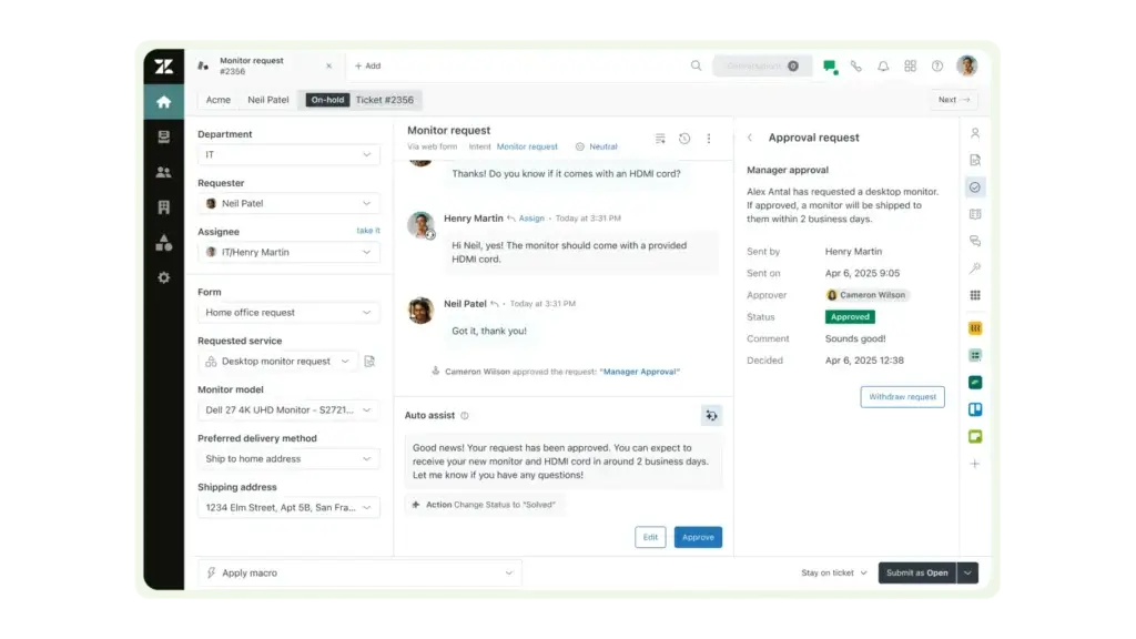 Zendesk ticket workflow with approval request, forms, assignee fields, and auto assist