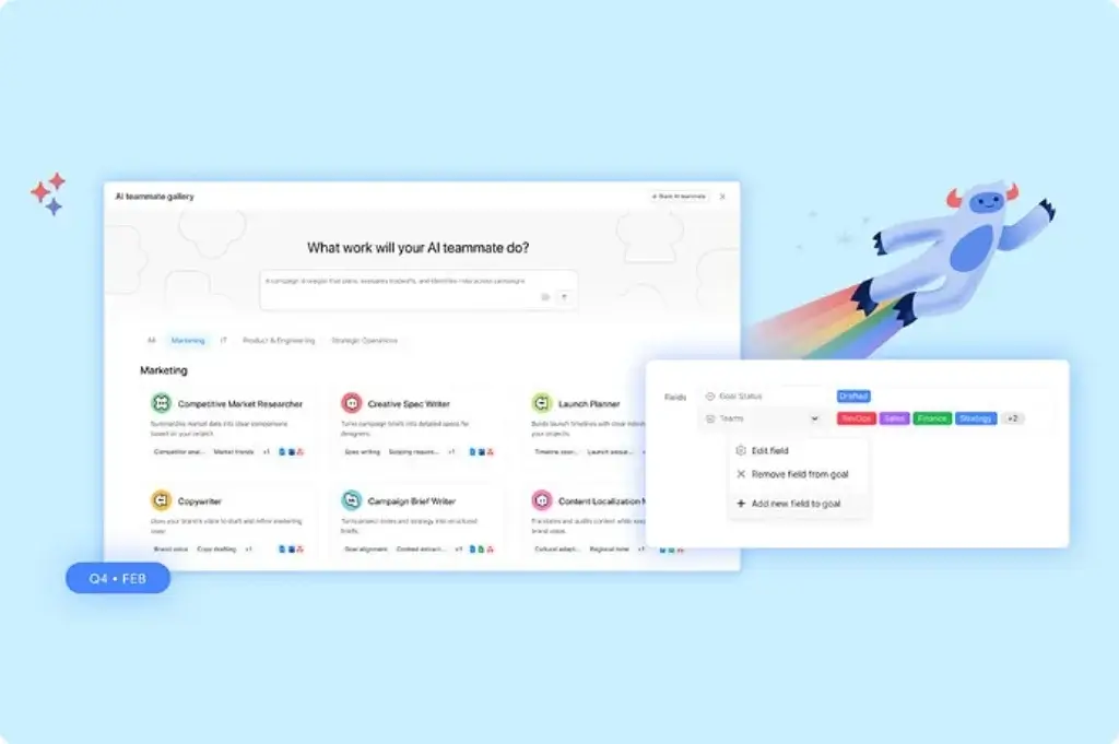 Asana AI teammate gallery showing prebuilt AI workflow assistants and editable field automation