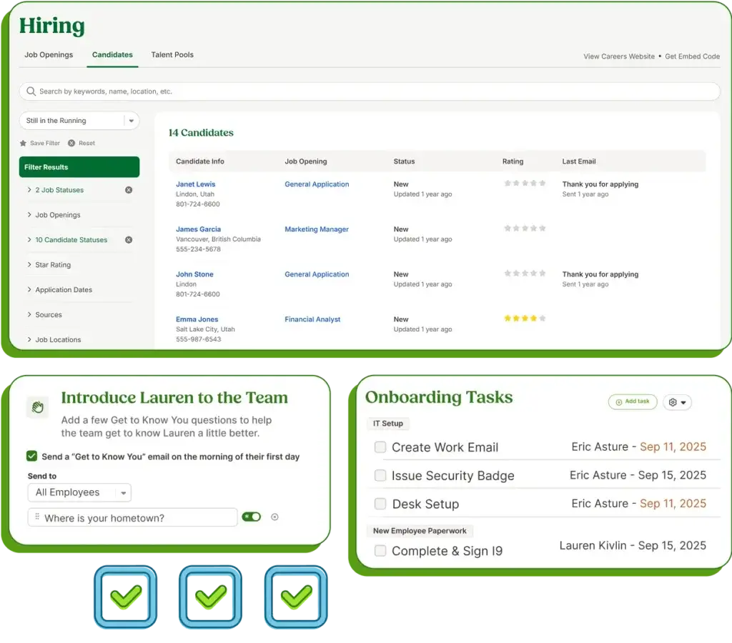 BambooHR applicant tracking system with candidate pipeline and onboarding tasks