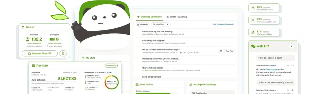 BambooHR employee homepage with community feed, pay info, time off, and Ask HR assistant