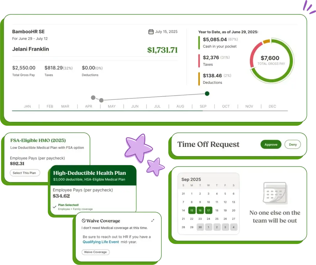 BambooHR payroll, benefits enrollment, and time off management dashboard