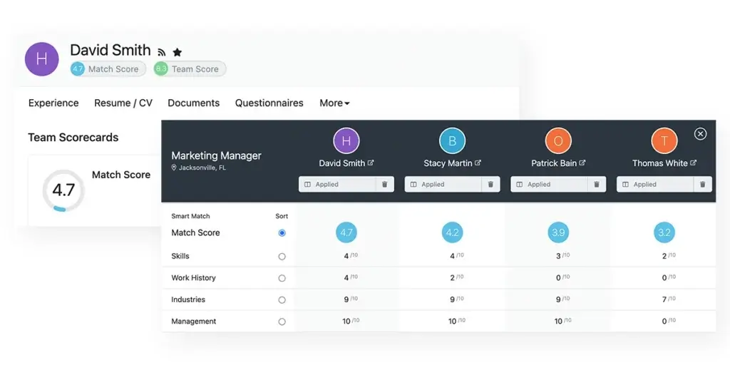 Breezy HR candidate comparison screen with match scores and team scorecards