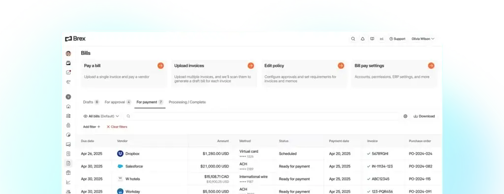 Brex bill pay dashboard showing invoices, vendors, and payment status