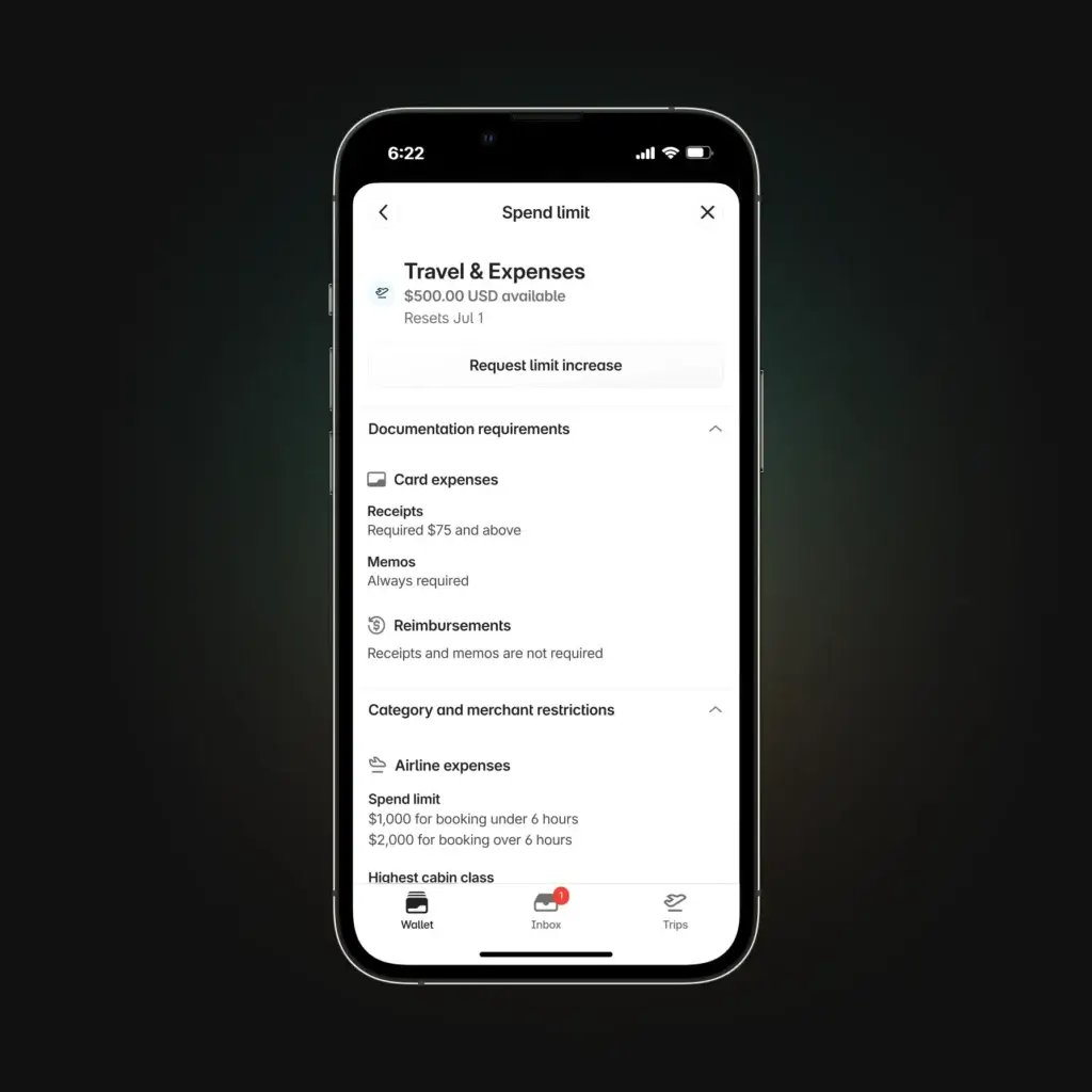 Brex mobile app showing travel expense limits and policy requirements