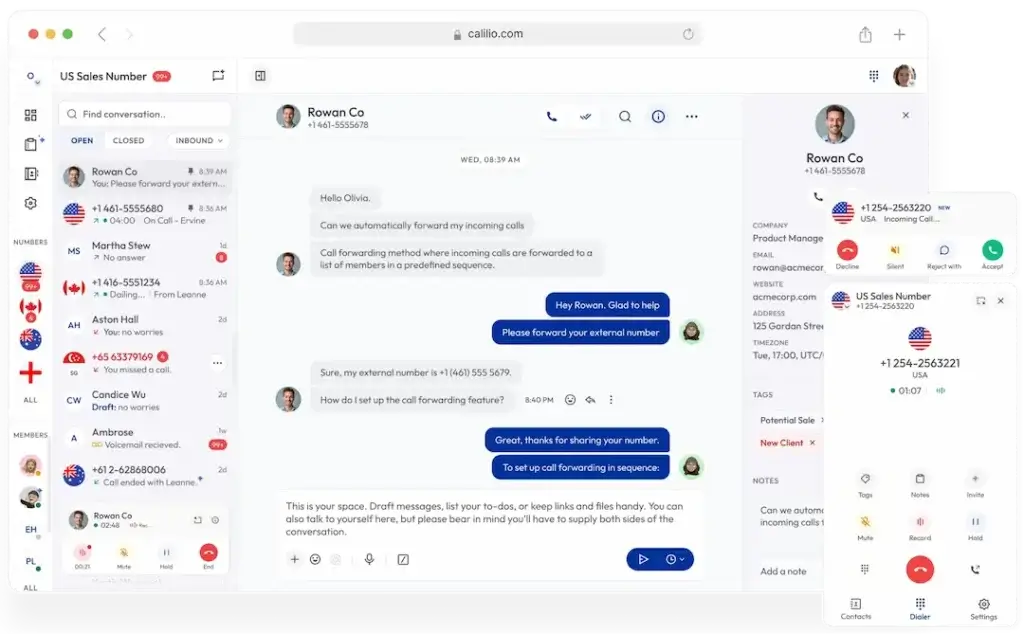 Calilio business phone dashboard with unified callbox, live calls, messages, and contact details