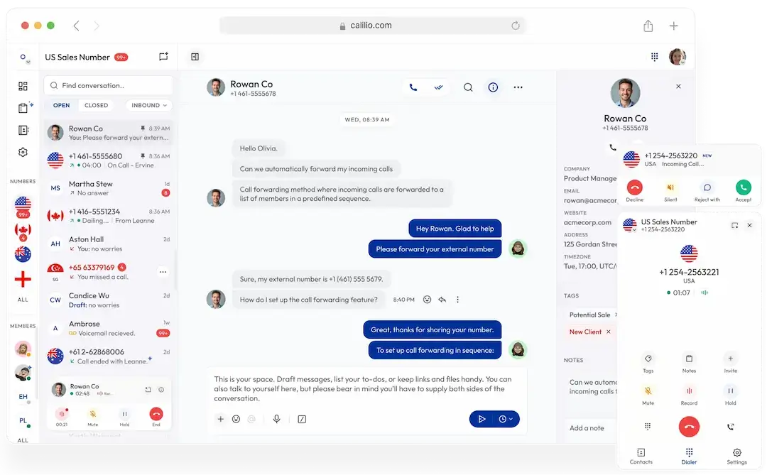 Calilio business phone dashboard with unified callbox, live calls, messages, and contact details