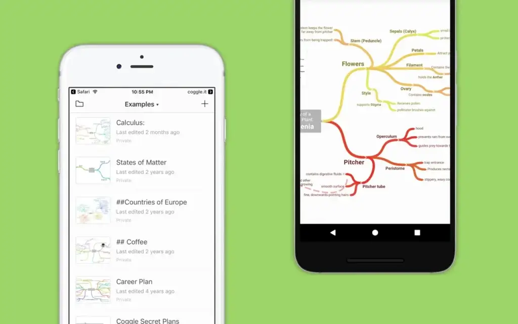 Coggle mobile app interface showing mind map library and mobile diagram editing