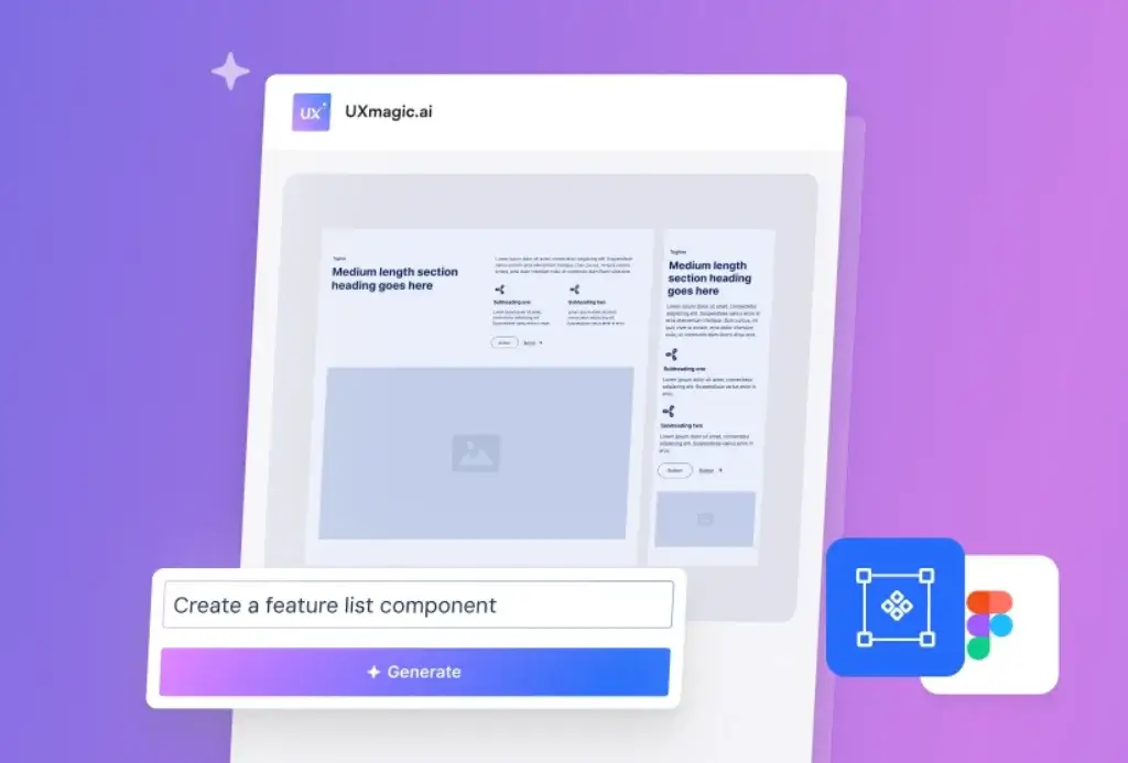 UXmagic AI component generator creating a feature list UI section from a text prompt