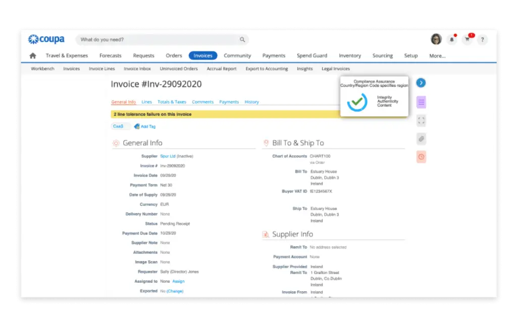 Coupa invoice screen with compliance assurance and supplier invoice details