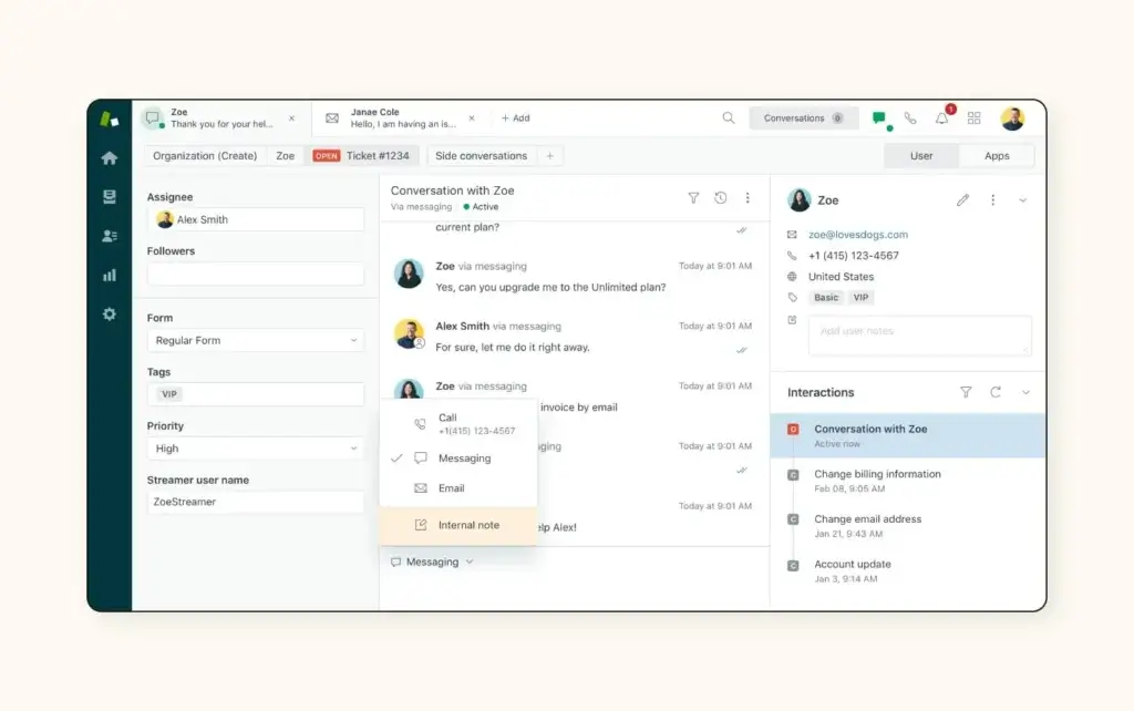 Zendesk agent workspace with messaging, ticket details, customer profile, and interactions