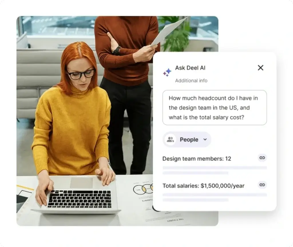 Deel AI assistant answering HR headcount and salary questions
