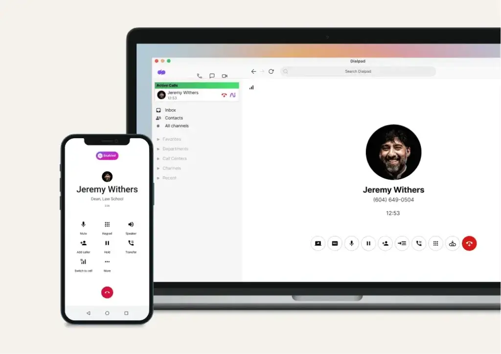 Dialpad business phone call interface on desktop and mobile devices
