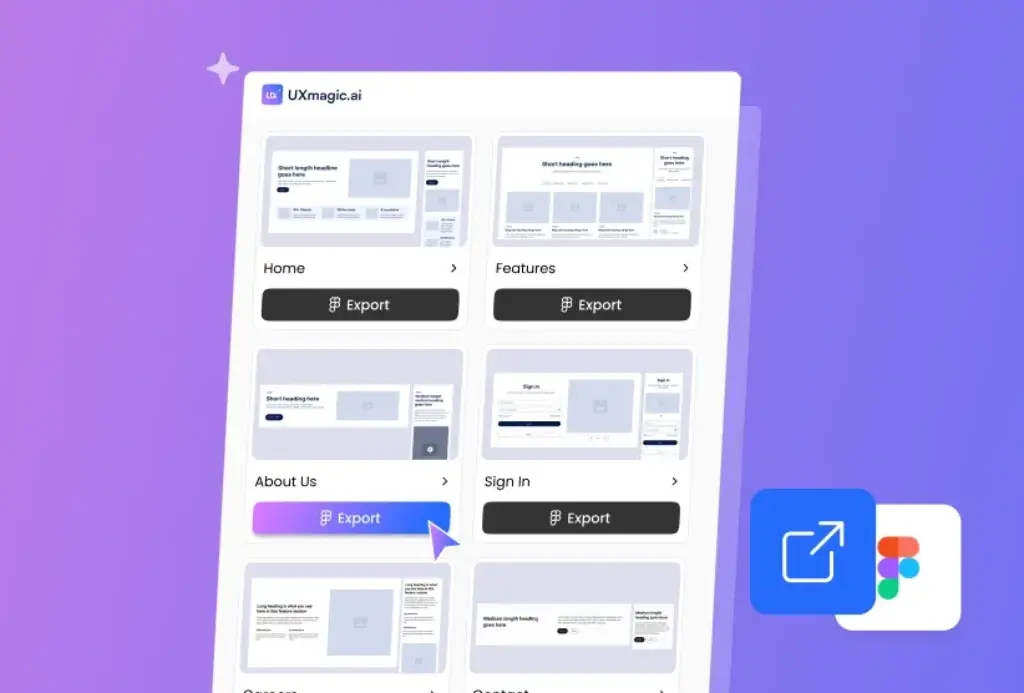 UXmagic AI UI generator showing multiple generated website screens and Figma export options