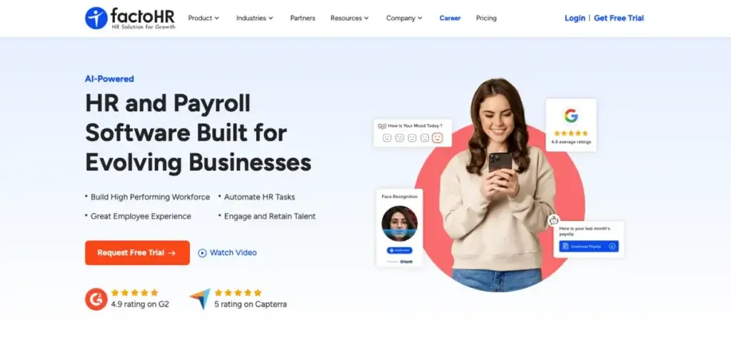 factoHR homepage showing AI-powered HR and payroll software features