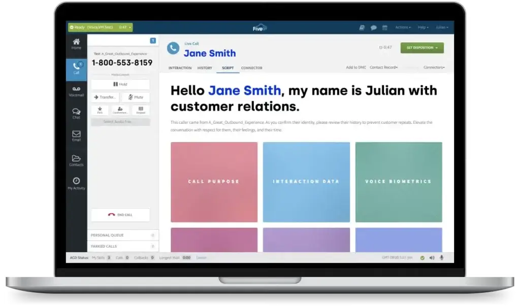 Five9 agent desktop on laptop with script guidance and customer interaction data