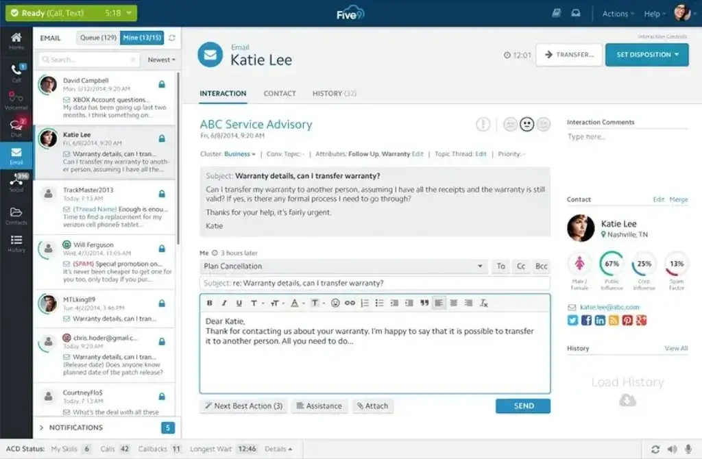 Five9 omnichannel agent desktop with email queue and customer interaction view