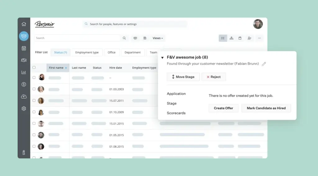 Applicant tracking software dashboard with candidate list and hiring stage controls