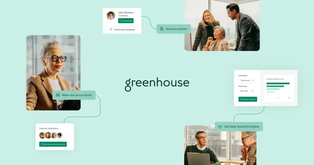 Greenhouse recruiting platform visual with sourcing, reporting, and hiring workflow highlights