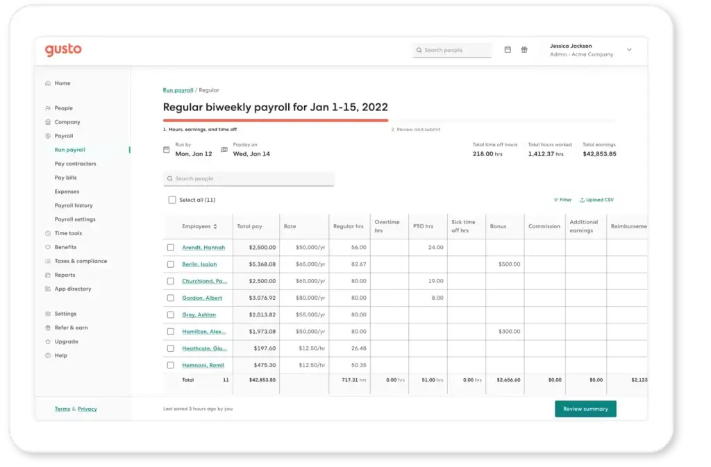 Gusto payroll review screen showing employee hours, overtime, PTO, bonuses, commissions, and total pay before submission